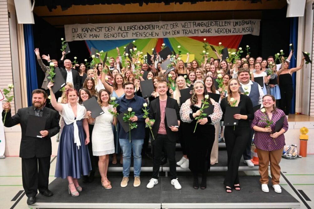 Eine große Gruppe lächelnder Absolventen mit weißen Rosen und Zertifikaten posiert gemeinsam in einem Gebäude vor einem bunten Banner mit deutschem Text und feiert ihre Leistung.
